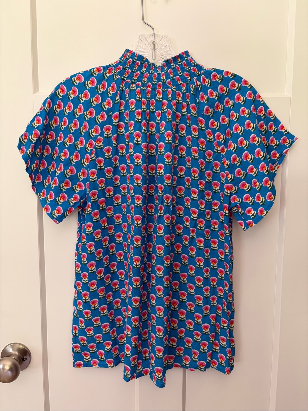 THML Top S Blue Pink Floral Block Print Smocked Neck Boho Tunic Blouse - Picture 3 of 8